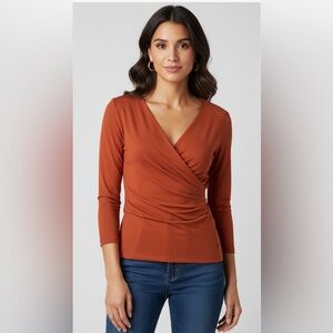 Max Mara V Neck Wrap Front Viscose 3/4 Sleeve Blouse Burnt Orange Color Sz S